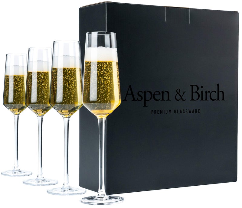Aspen & Birch أسبن وبيرش - مجموعة كؤوس الشمبانيا الكلاسيكية من 4 - كؤوس الشمبانيا - كؤوس الميموزا، زجاج كريستالي فاخر، شفاف، 6 أونصات، كؤوس شمبانيا مصنوعة يدويًا - مصنوعة يدويًا بواسطة الحرفيين - Image 1